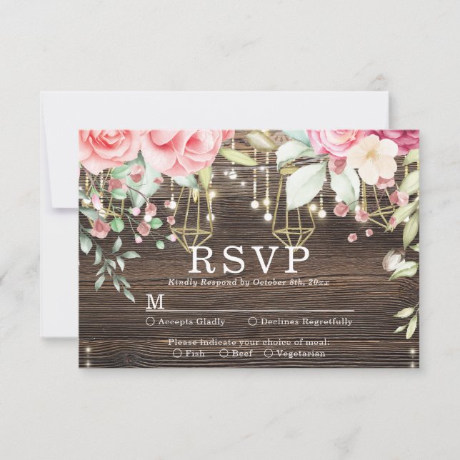 Rustic Wood Floral String lights Wedding rsvp Karte (Vorderseite)