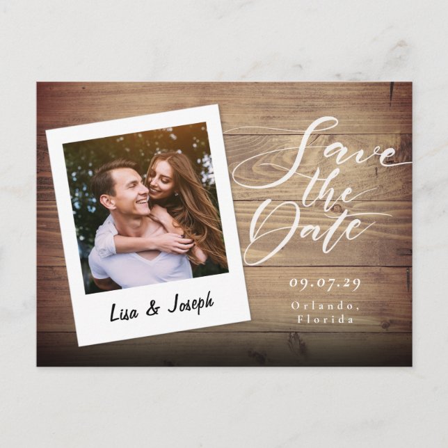 Rustic Wood Foto Skript Save the Date Postkarte (Vorderseite)