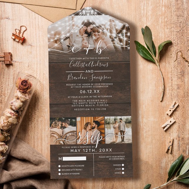 Rustic Wood Foto String Lights Wedding RSVP All In One Einladung (Von Creator hochgeladen)