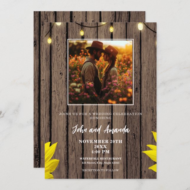 Rustic Wood Foto Western Wedding Einladung (Vorne/Hinten)