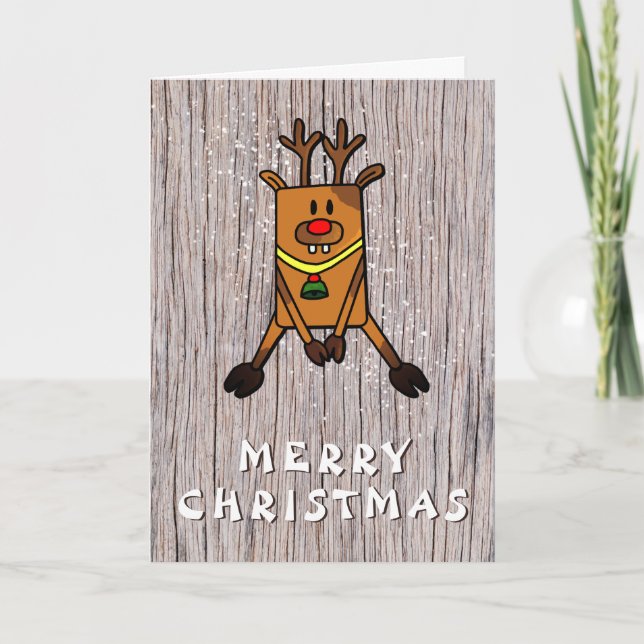 Rustic Wood Funny Deer Frohe Weihnachten (Vorderseite)