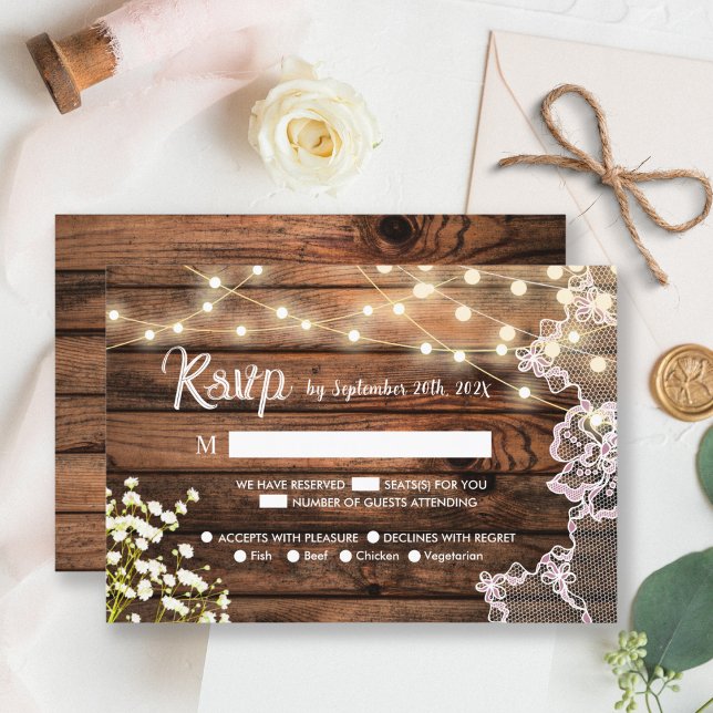 Rustic Wood Gipskraut & Lace Wedding RSVP (Von Creator hochgeladen)