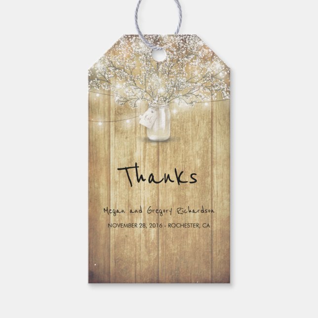 Rustic Wood Gipskraut Mason Jar Barn Wedding Geschenkanhänger (Vorderseite)
