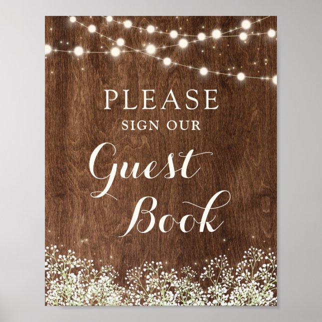 Rustic Wood Gipskraut Wedding Guest Book Sign Poster (Vorne)