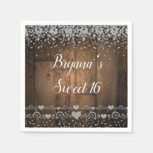 Rustic Wood Glam Diamonds Glitzer Birthday Party Serviette
