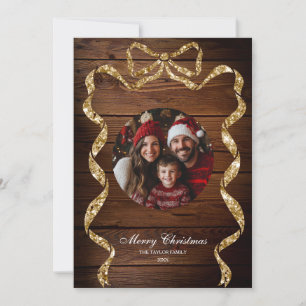 Rustic Wood Gold Family Foto Frohe Weihnachten Einladung