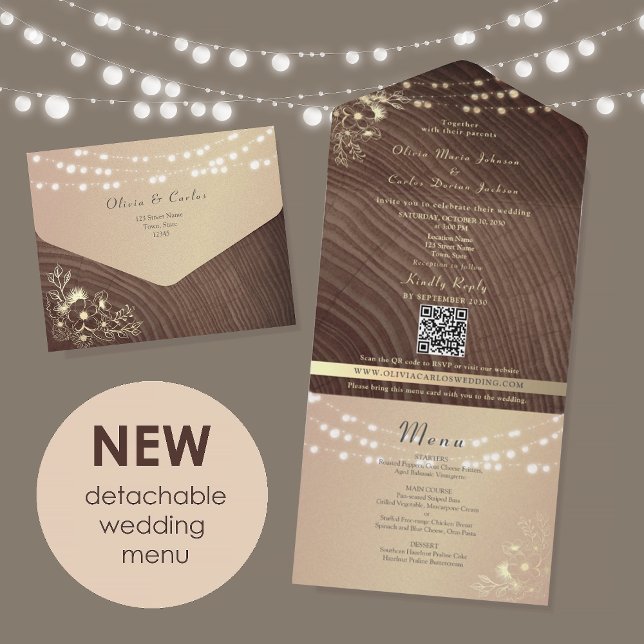 Rustic Wood Gold Floral Wedding All In One Einladung (Von Creator hochgeladen)