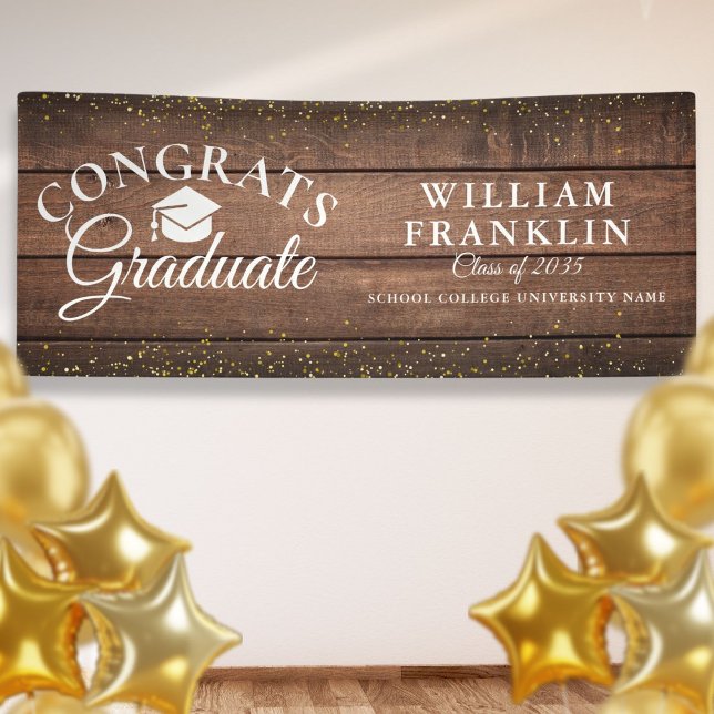 Rustic Wood Gold Glitzer Moderner Abschluss Banner (Rustic Wood Gold Glitter Modern Graduation Banner)