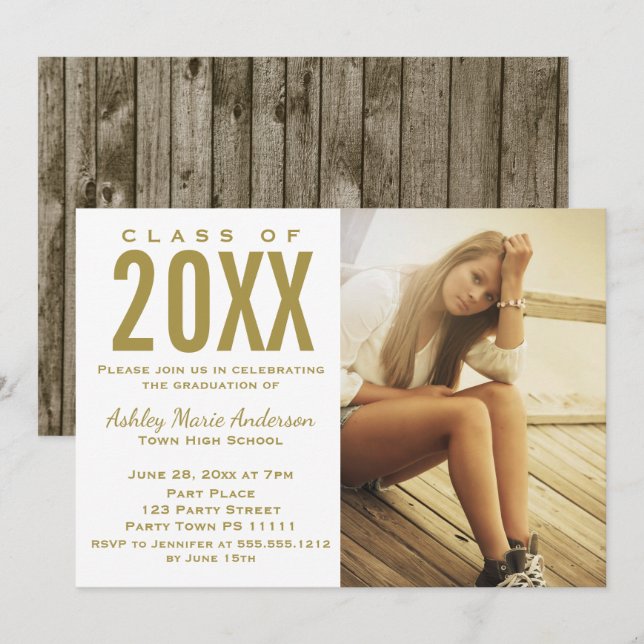 Rustic Wood Gold Graduation Party mit Foto Einladung (Vorne/Hinten)