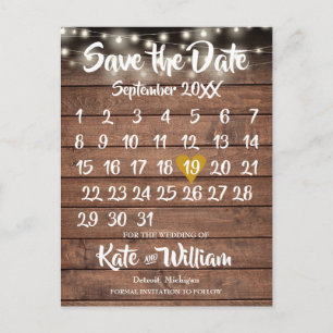 Rustic Wood Gold Herzkalender Save the Date Ankündigungspostkarte