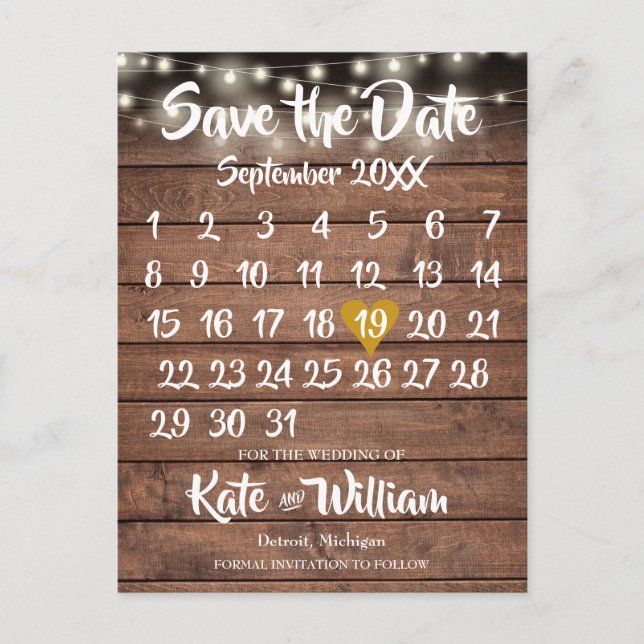 Rustic Wood Gold Herzkalender Save the Date Ankündigungspostkarte (Vorderseite)