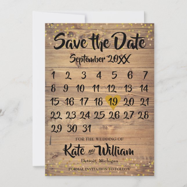 Rustic Wood Gold Liebe Herzkalender Save the Date (Vorderseite)