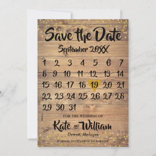 Rustic Wood Gold Liebe Herzkalender Save the Date