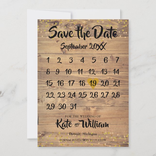 Rustic Wood Gold Liebe Herzkalender Save the Date (Vorderseite)