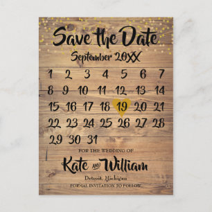 Rustic Wood Gold Liebe Herzkalender Save the Date Ankündigungspostkarte