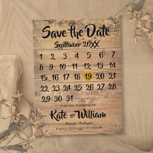 Rustic Wood Gold Liebe Herzkalender Save the Date Ankündigungspostkarte (Rustic Wood Gold Love Heart Calendar Save the Date Announcement Postcard)