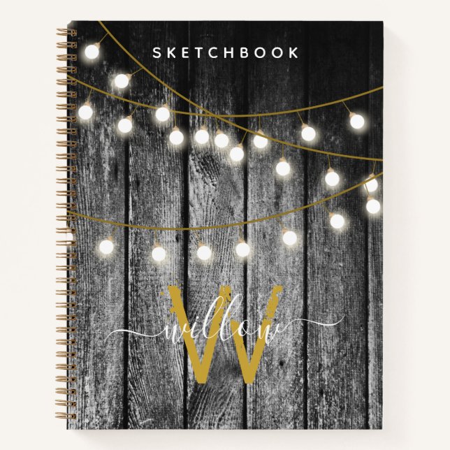 Rustic Wood Gold String Lights Monogram Sketchbook Notizbuch (Vorderseite)
