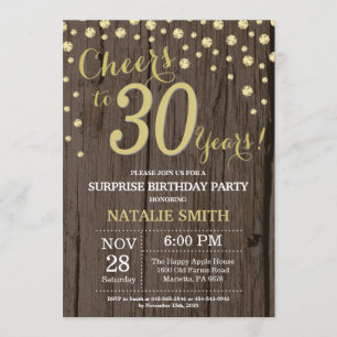 Rustic Wood Gold Überraschung 30. Geburtstag Diama Einladung