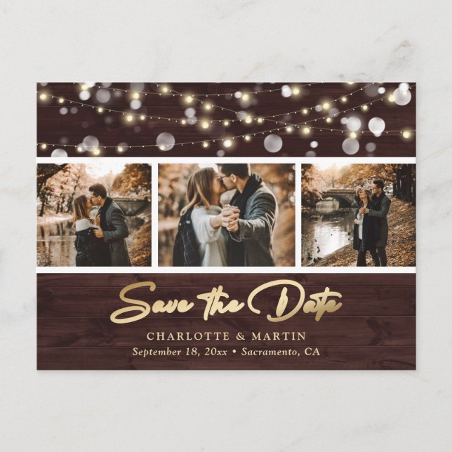 Rustic Wood Gold Wedding Foto Save the Date Ankündigungspostkarte (Vorderseite)