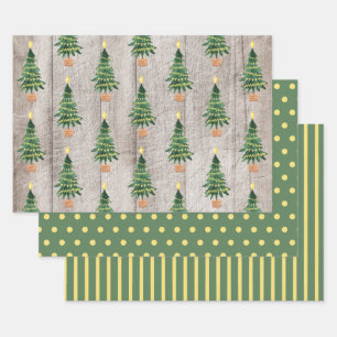 Rustic Wood Green Gold Polka Dots Stripe Geschenkpapier Set