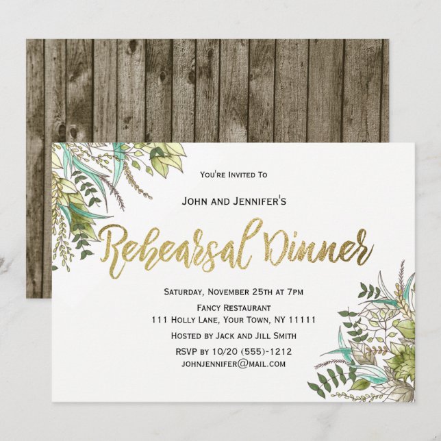 Rustic Wood Green Leaf Gold Probe Dinner Einladung (Vorne/Hinten)