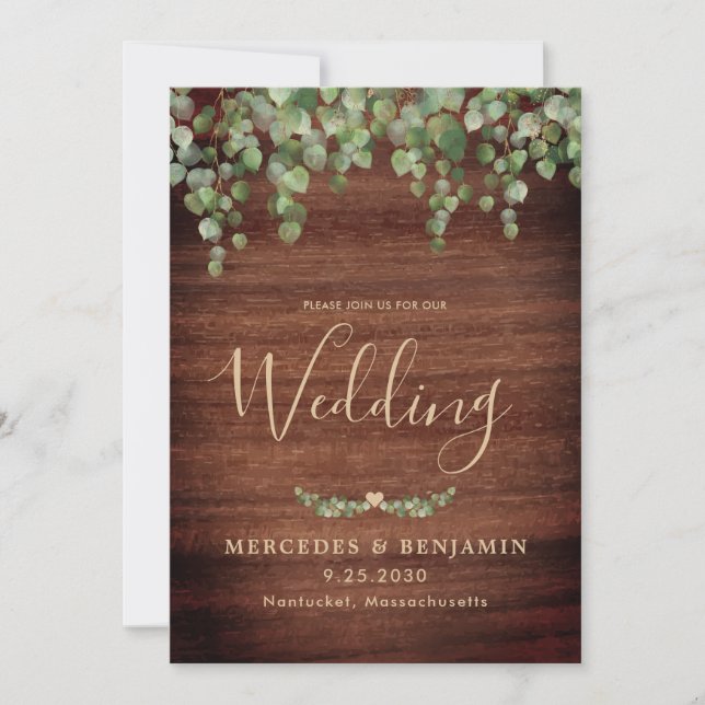 Rustic Wood Greenery Gold QR Code Wedding Einladung (Vorderseite)