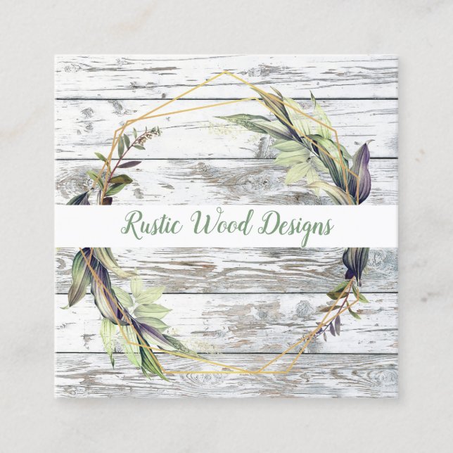 Rustic Wood Greenery Square Business Card Quadratische Visitenkarte (Vorderseite)