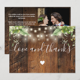 Rustic Wood Greenery String Lights Wedding Photo Dankeskarte