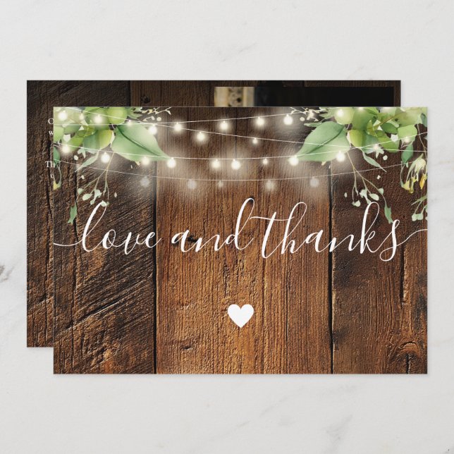 Rustic Wood Greenery String Lights Wedding Photo Dankeskarte (Vorne/Hinten)