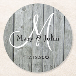 Rustic Wood Grey Wedding Monogram Runder Pappuntersetzer
