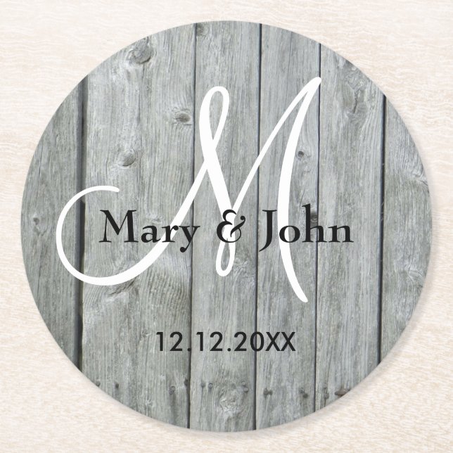 Rustic Wood Grey Wedding Monogram Runder Pappuntersetzer (Vorderseite)