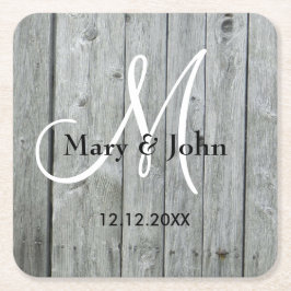 Rustic Wood Grey Wedding Monogram Runder Pappuntersetzer