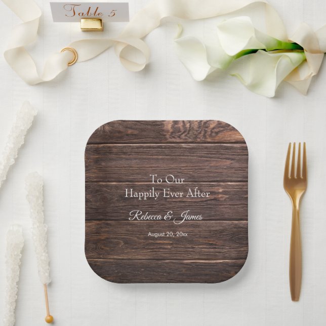 Rustic Wood Happily Ever After Wedding Party Pappteller (Hochzeit)