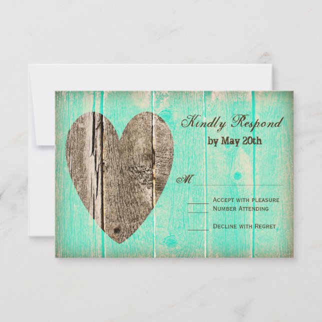Rustic Wood Heart Aqua Country Wedding RSVP Karten (Vorderseite)