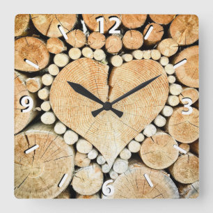Rustic, Wood Heart, Country Quadratische Wanduhr