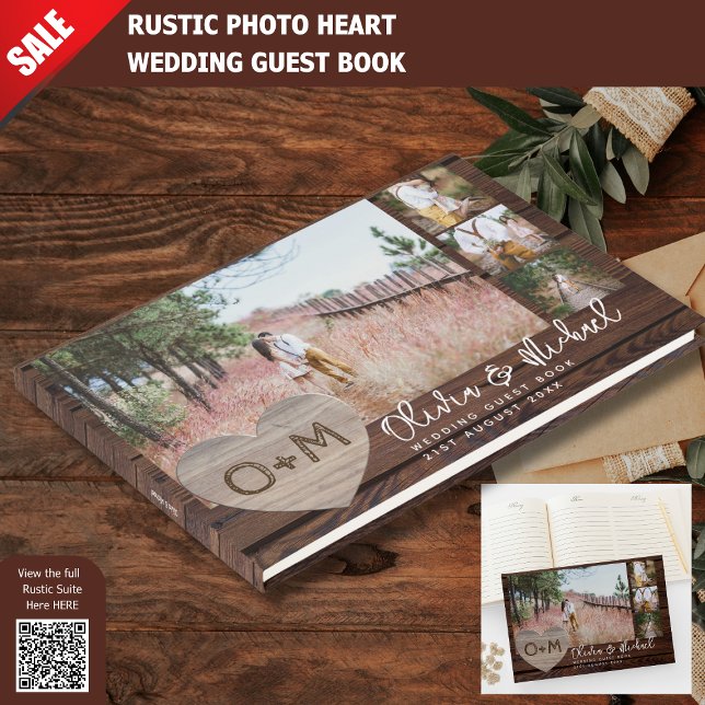 Rustic Wood Heart FOTO Collage Newlyweds Wedding Gästebuch (Von Creator hochgeladen)