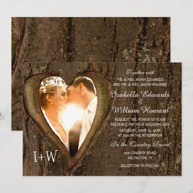 Rustic Wood Heart Foto Wedding Einladung (Vorne/Hinten)