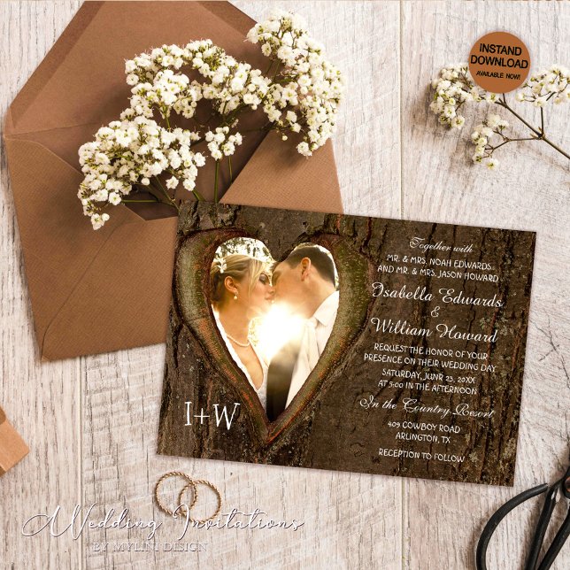 Rustic Wood Heart Foto Wedding Einladung (Von Creator hochgeladen)