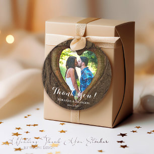 Rustic Wood Heart Foto Wedding Vielen Dank Runder Aufkleber