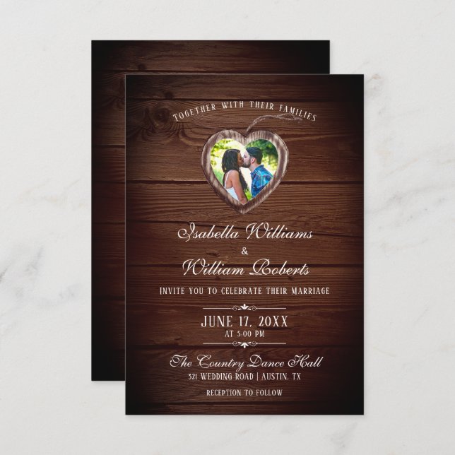 Rustic Wood Heart Wedding Foto Einladung (Vorne/Hinten)