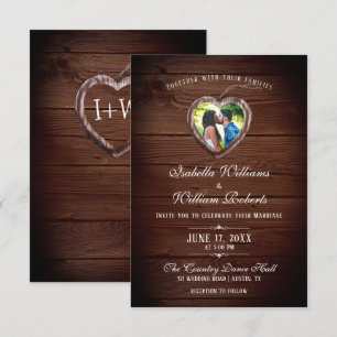 Rustic Wood Heart Wedding Foto Einladung