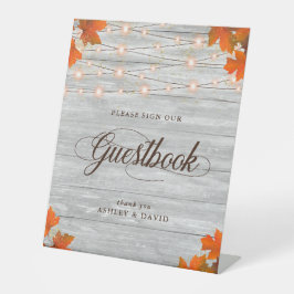 Rustic Wood Herbstlaubs & Lights Gästebuch Sockelschild