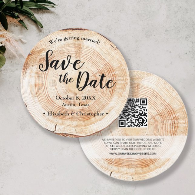 Rustic Wood Hochzeit mit QR-Code Hochzeitswebsite Einladung (Unique rustic wood wedding save the date QR code wedding website.)