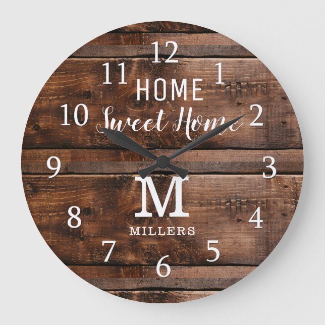 Rustic Wood Home Sweet Home Monogram Family Große Wanduhr (Vorderseite)