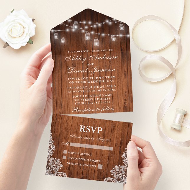 Rustic Wood Jar Lights Lace Wedding All In One Einladung (All In One Wedding Invitation with tear off RSVP Card)