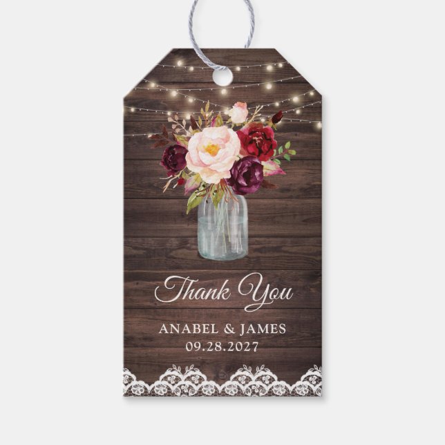 Rustic Wood Lace Blush Burgundy Mason Jar Geschenk Geschenkanhänger (Vorderseite)