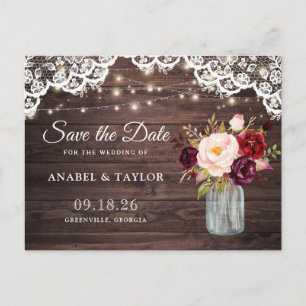 Rustic Wood Lace Burgundy Mason Jar Save the Date Ankündigungspostkarte