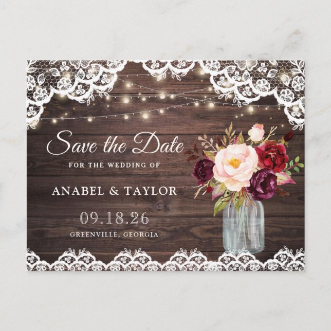 Rustic Wood Lace Burgundy Mason Jar Save the Date Ankündigungspostkarte (Vorderseite)
