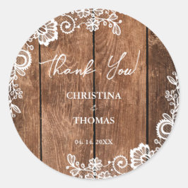 Rustic Wood Lace Country Braun Wedding Vielen Dank Runder Aufkleber