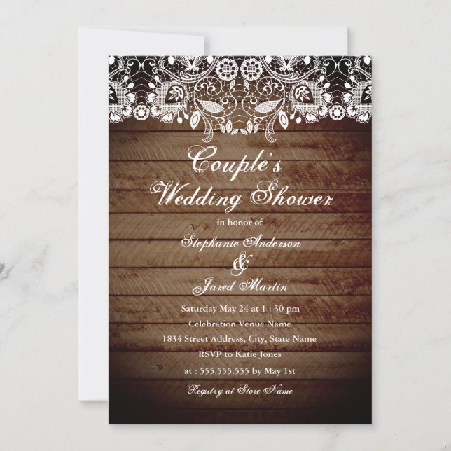 Rustic Wood Lace Couples Polterabend Card Einladung (Vorderseite)